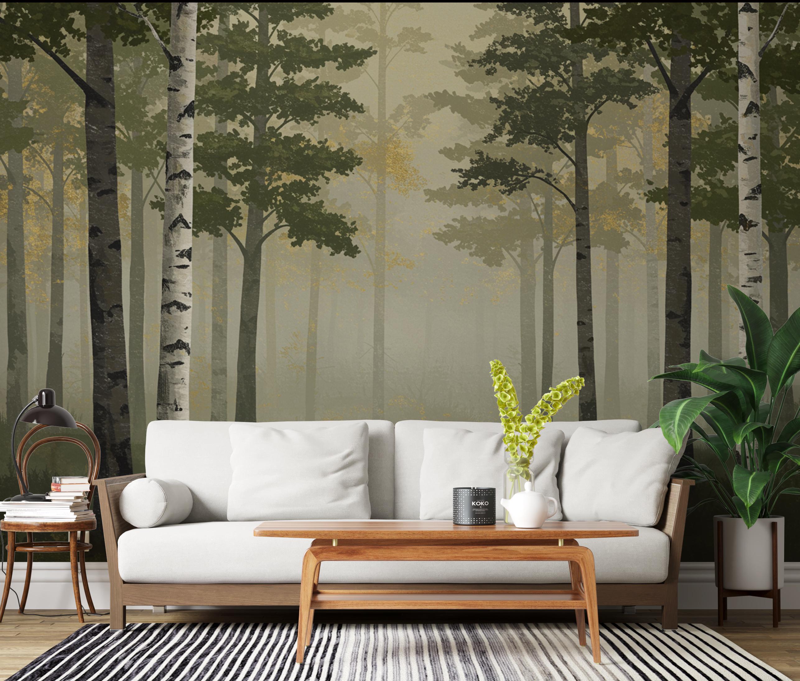 Misty Forest Wallpaper Mural, Watercolor Birch and Spruce Trees ...