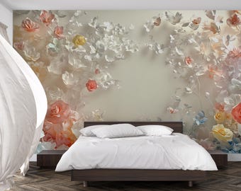 Romantic 3D Floral Wall Mural – Elegant Rose Flower Bedroom Wallpaper Vn469