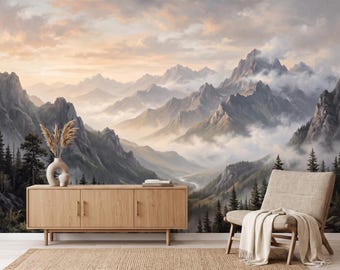 Panoramic Mountain Wallpaper Mural | Misty Mountain Wall Mural | Luxury Fine Art Wallpaper | Cinematic Nature Wall Covering 450DE