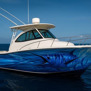May include: A white and blue fishing boat with a large blue marlin painted on the hull. The boat has fishing rods and a radar dome. The boat is on the water under a clear blue sky.