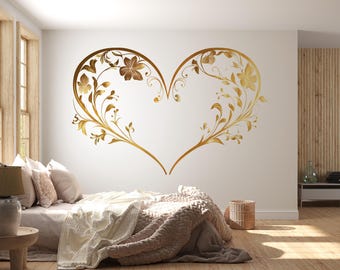 Gold Floral Heart Headboard Wall Decal – Romantic Bedroom Wall Art, Elegant Gold Heart Wall Decor for Modern Bedroom 302mv