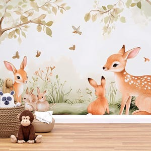 Woodland Animal Nursery Wall Mural – Cute Deer, Bunnies & Forest Scene Wallpaper for Baby Room, Gender Neutral Nursery Decor Vn449