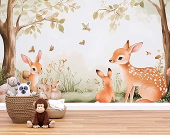 Woodland Animal Nursery Wall Mural – Cute Deer, Bunnies & Forest Scene Wallpaper for Baby Room, Gender Neutral Nursery Decor Vn449
