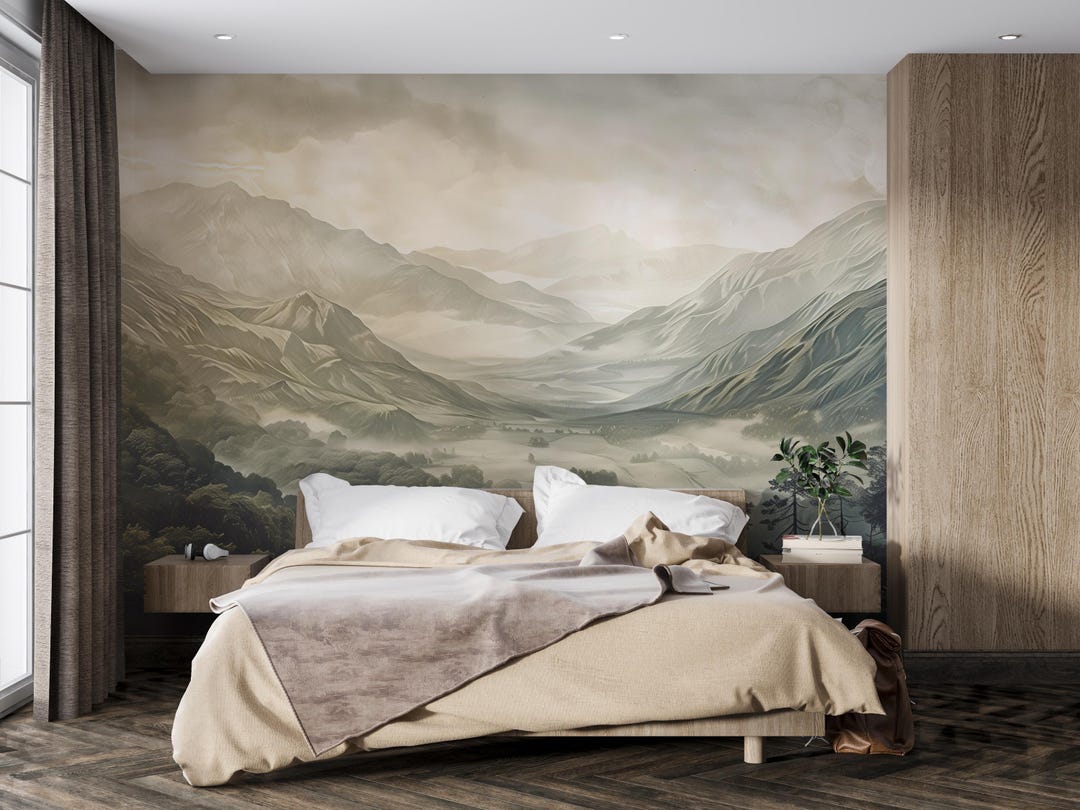 Misty Mountain Wall Mural – Scenic Forest Valley Wallpaper for Bedroom ...