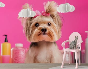 Cute Yorkie Dog Wall Mural – Pink Grooming Salon Backdrop for Pet