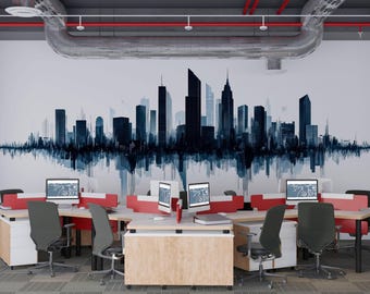City Skyline Wall Mural, Modern Office Wallpaper, Urban Cityscape Wall Art, Executive Workspace Decor, Corporate Office Mural, 671mv
