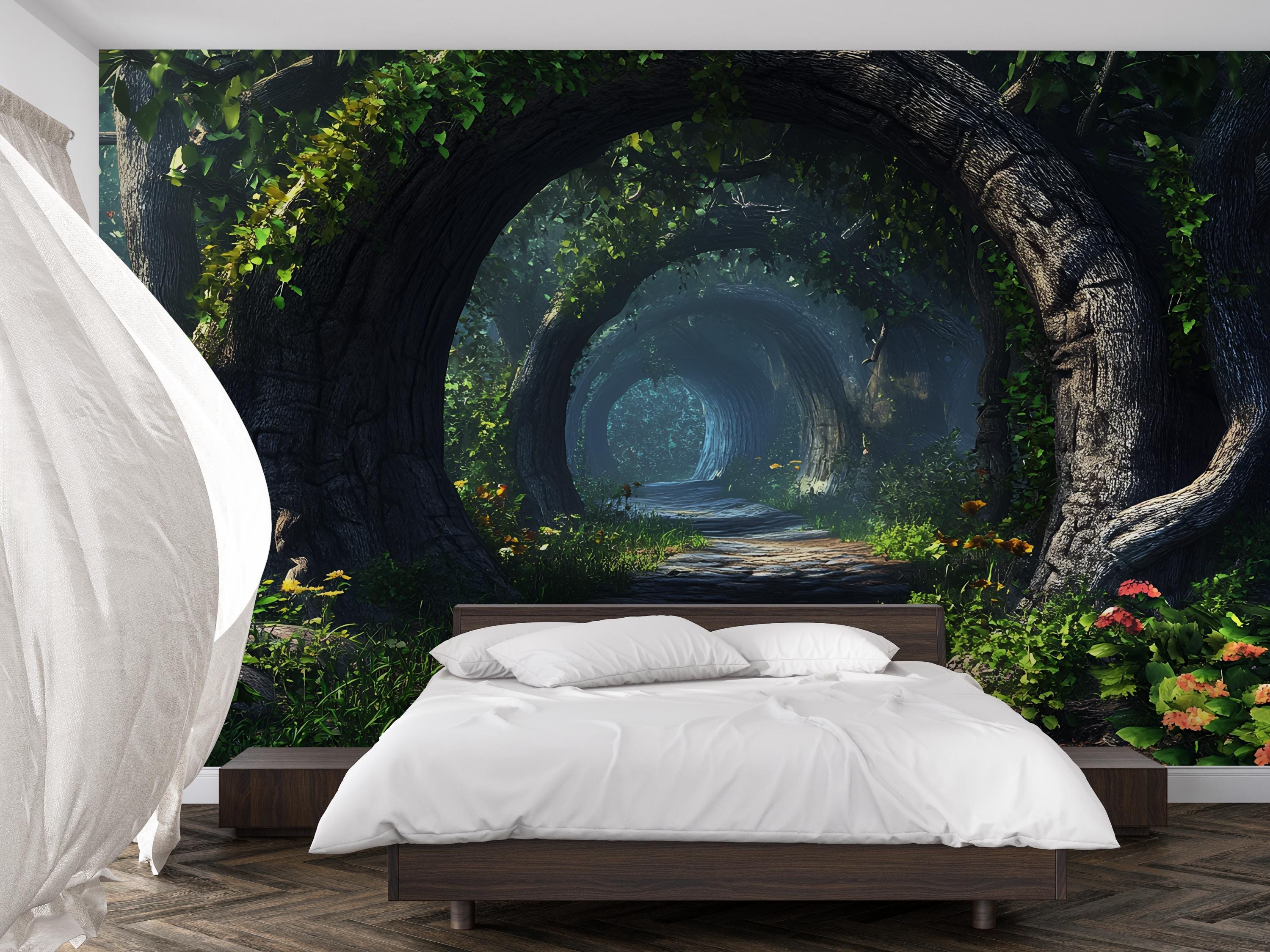 Enchanted Forest Wall Mural for Bedroom – Mystical Tree Tunnel Nature ...