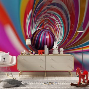 May include: A colorful abstract wall mural with a swirling design in shades of red, pink, blue, and yellow. A white dresser holds decorative items, including a bunny figurine and a rocking horse.