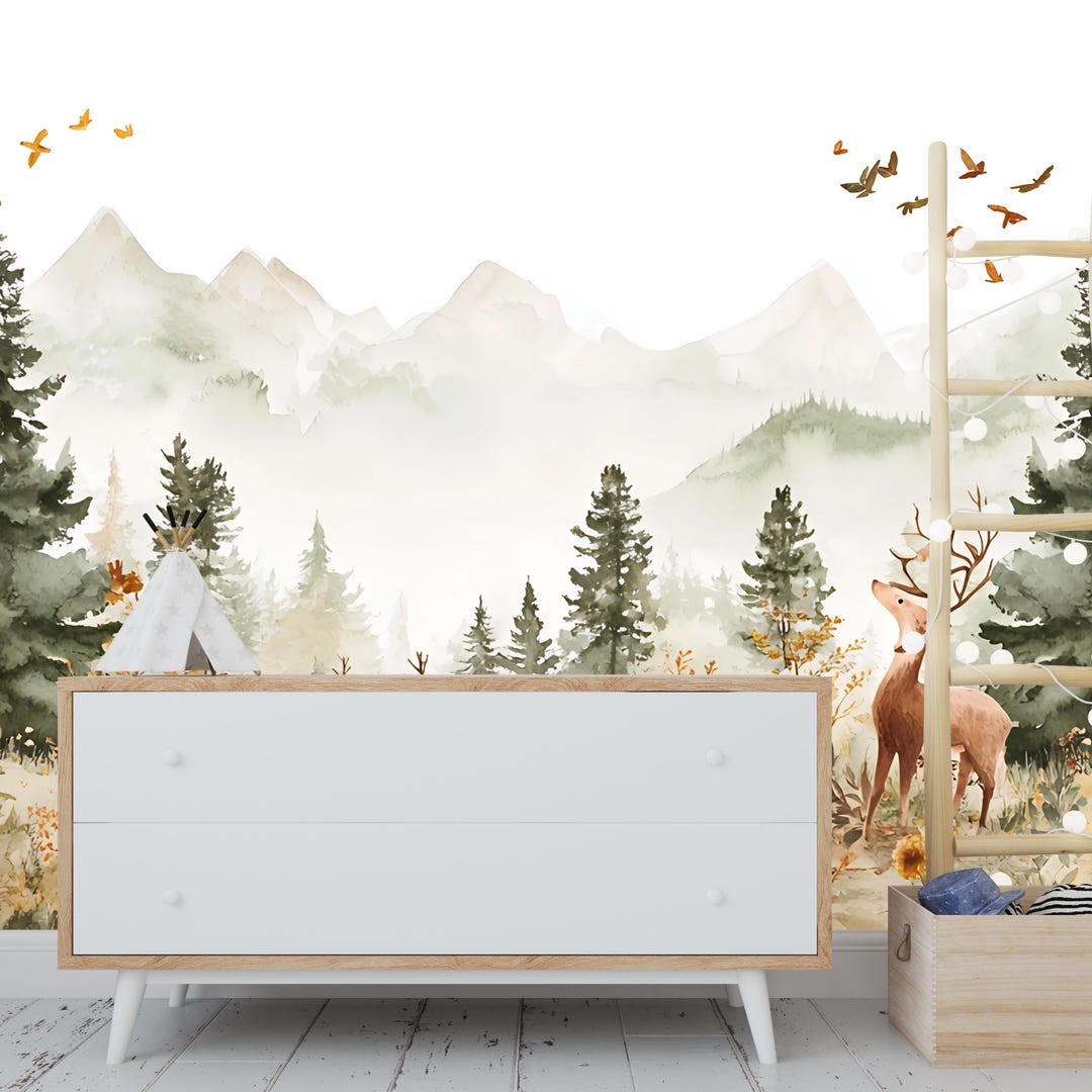 Woodland Forest Nursery Wallpaper Mural – Deer & Mountain Scene for ...