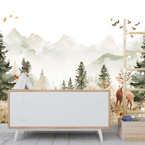Woodland Forest Nursery Wallpaper Mural – Deer & Mountain Scene for Kids Room | Peel Stick or Traditional Wall ArtVn 294