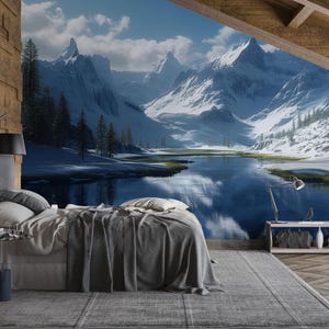 Snowy Mountain Wall Mural | Winter Landscape Bedroom Wallpaper Vn696