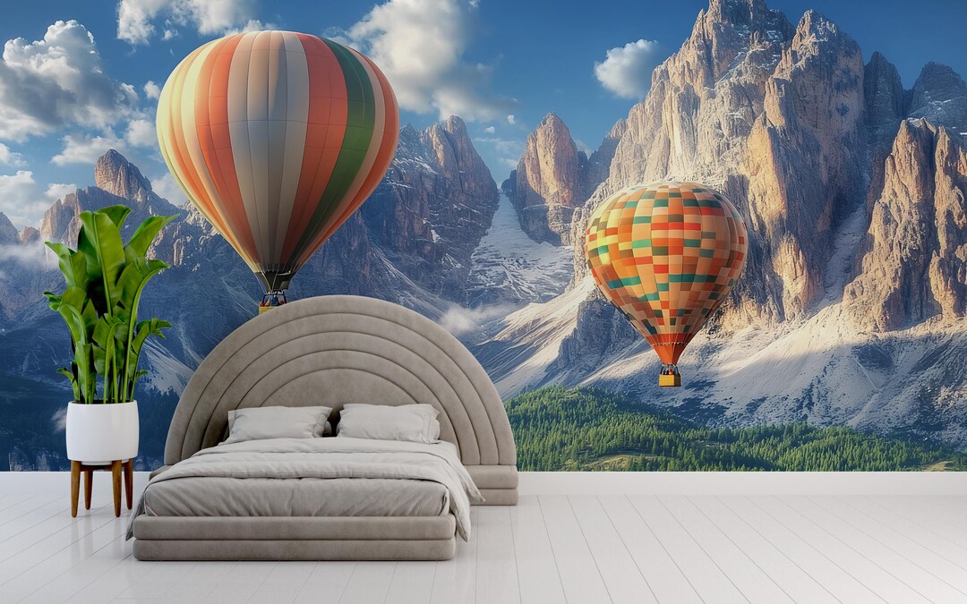 Hot Air Balloon Mountain Wall Mural – Scenic Nature Wallpaper for Kids ...