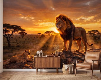 Lion Safari Wall Mural | African Savanna Sunset Wallpaper | Majestic Lion & Family | Wildlife Statement Wall | Safari Nursery Decor 473DE