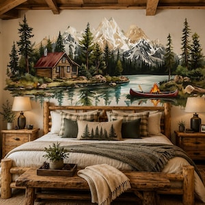 May include: A bedroom featuring a large wall mural of a mountain landscape with a cabin, lake, and canoe with a campfire. The room includes a wooden bed frame, two nightstands with lamps, a wooden bench, and a window with natural light.