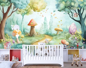 Wald Wandbild für Kinderzimmer – Magische Pilze Tapete Vn617