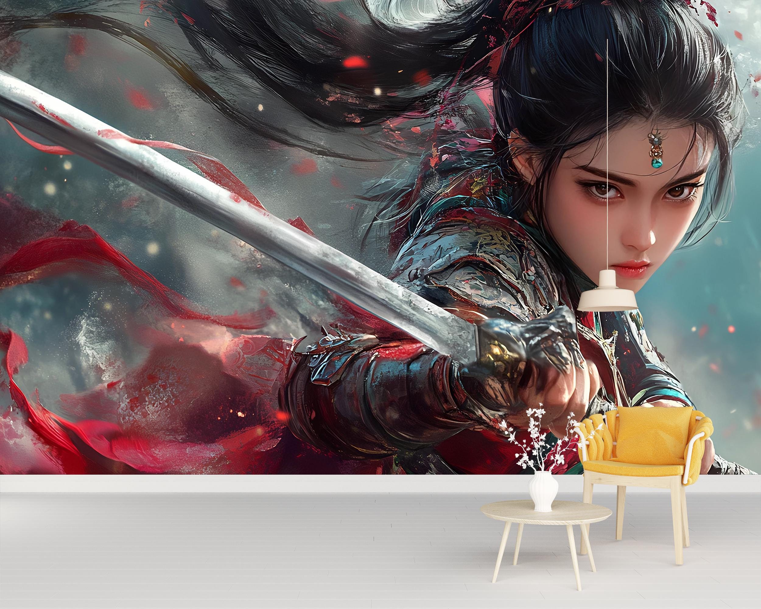Fantasy Warrior Wall Mural – Anime Samurai Girl Art | Epic Battle
