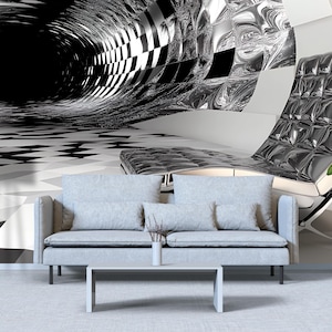 Peut inclure: Intérieur moderne avec un canapé gris, une chaise chromée et une table basse blanche. Le fond présente un motif géométrique noir et blanc et un tunnel en forme de trou noir.