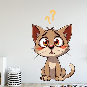 Calcomanía de pared "Gato confundido", decoración para mamá gata, niños, arte de pared de gato, calcomanía para amantes de los gatos, animales, mamá gata, pared de baño, calcomanías de pared, vinilo 001EP