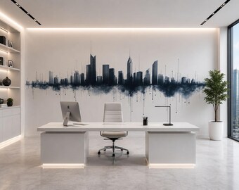 City Skyline Office Wall Mural, Modern Workspace Wallpaper, Urban Cityscape Wall Art, Corporate Executive Office Decor, 672mv