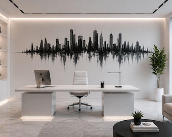 City Skyline Wall Mural, Modern Office Wallpaper, Urban Cityscape Wall Art, Black White Executive Workspace Decor, 673mv