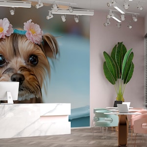 Söt Yorkshire terrier hund väggmålning - Badtid valpdekor - Blomkrona konsttryck - Nyckfull husdjursrum tapet - Hundälskare present Vn680