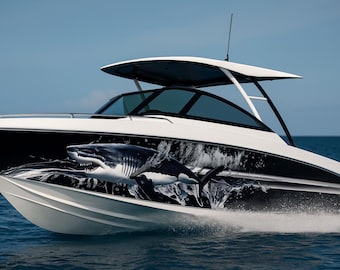 Great White Shark Boat Vinyl Decal Wrap – Black & White Hull Graphic for Speed Boats, vb008