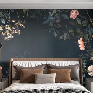 Dark Floral Wall Mural | Vintage Botanical Wallpaper for Bedroom | Romantic Large Flower Removable Wall Art | Peel and Stick Decor Vn182