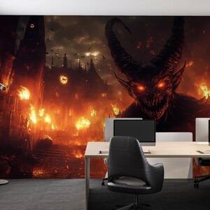 May include: A dramatic mural depicting a demonic figure with glowing red eyes and horns against a backdrop of a burning city. The image is set in an office space with desks, chairs, and windows.