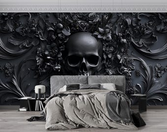 Gothic Skull Wall Mural, Dark Floral Skull Wallpaper, 3D Skull Art Bedroom Decor Vn190
