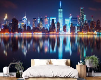 NYC Skyline Wall Mural – Manhattan Night Lights Wallpaper Vn892