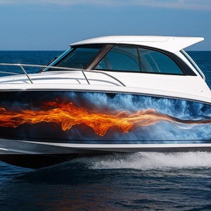 May include: A white motorboat with a design of orange and blue flames along its side, sailing on blue water. The boat has a modern design with a cabin and a stainless steel railing. The sky is clear blue.