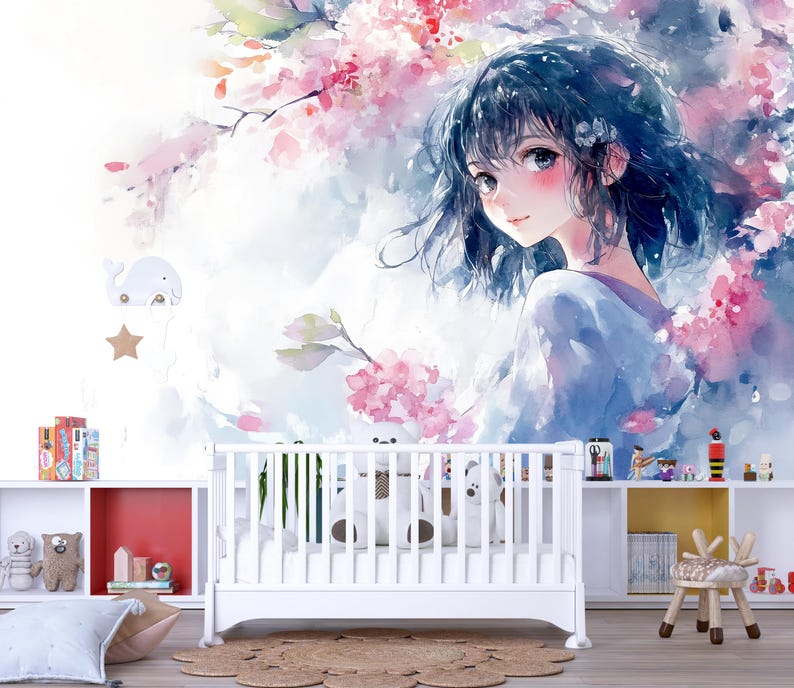 Watercolor Anime Girl Wall Mural – Soft Pastel Japanese Art for Kids ...