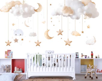 Cloud Moon Star Nursery Wall Decal – Neutral Above Crib Mobile Wall Art for Baby Room 058mv