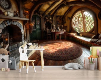 Hobbit-Inspired Nursery Wall Mural – Cozy Fantasy Fireplace & Round Window Scene – Storybook Woodland Baby Room Decor Vn605