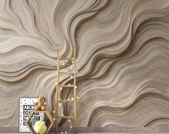 Abstract Beige Wave Wallpaper | Neutral 3D Stone Flow Wallpaper | Modern Organic Wall Mural | Peel and Stick Wallpaper | Luxury Decor 446DE