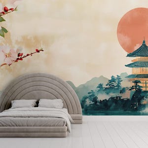 Japanese Wall Mural with Cherry Blossoms & Pagoda – Tranquil Nature Bedroom Wallpaper – Asian Landscape Wall Art Décor Vn488
