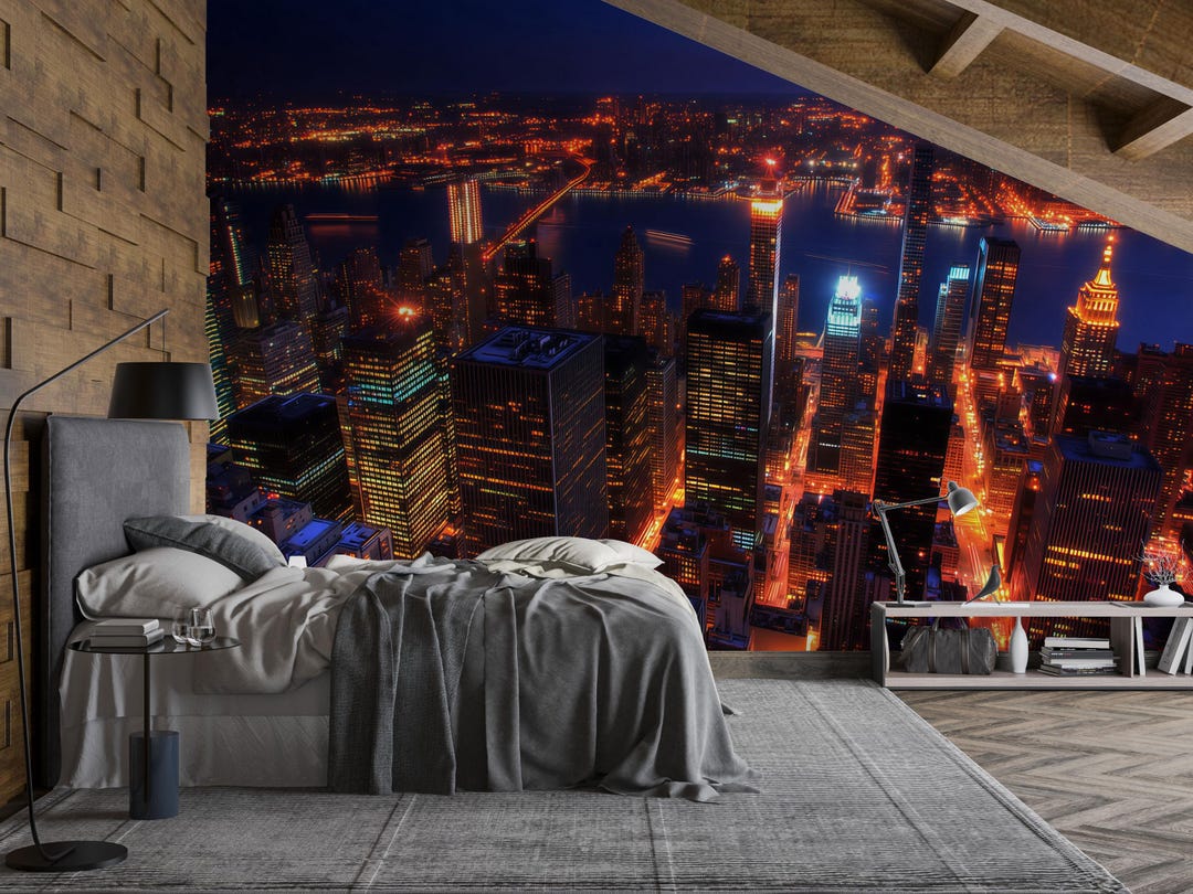 NYC Aerial Night Skyline Wall Mural – New York City Lights Wallpaper ...