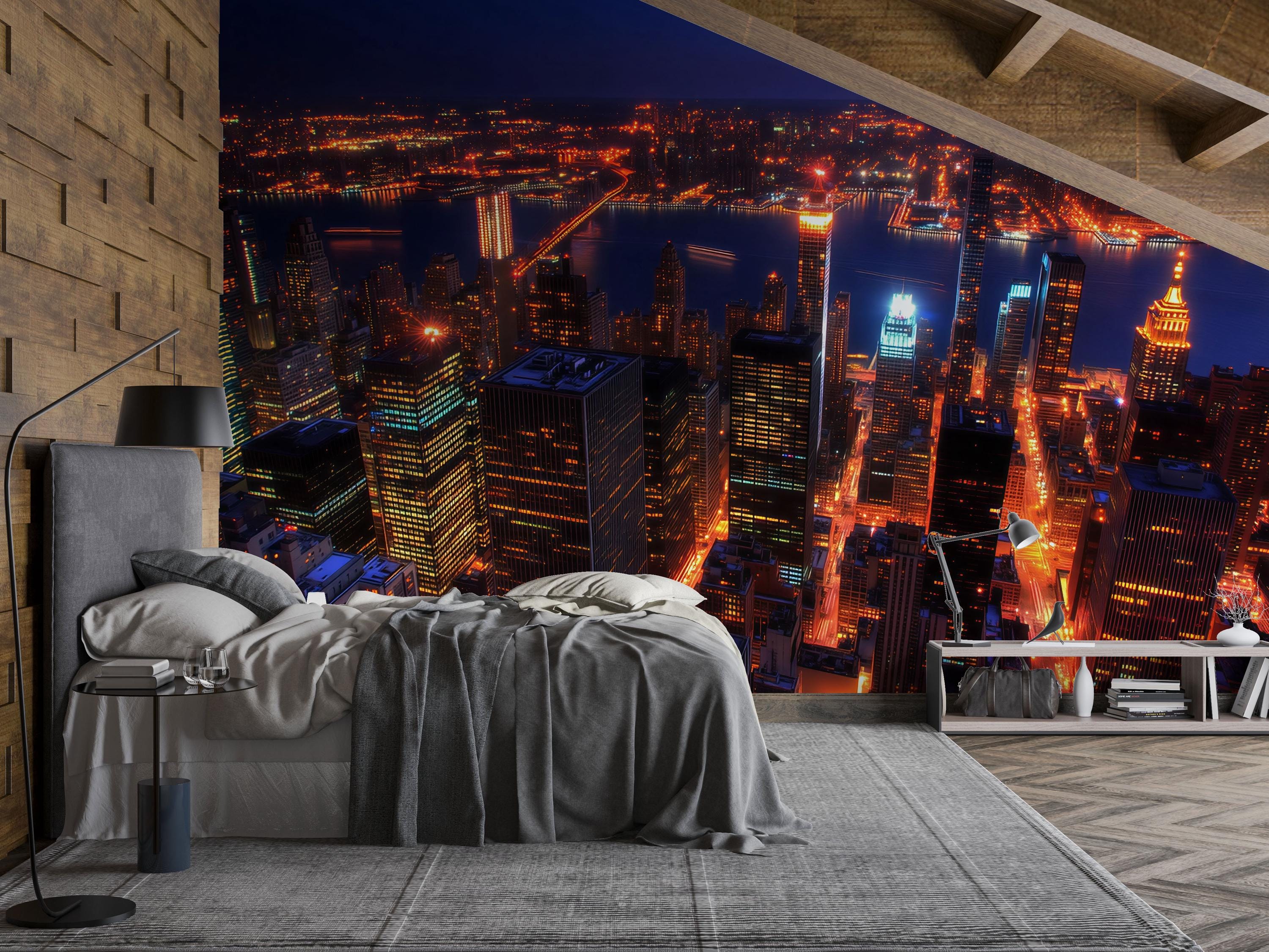 ニューヨーク夜景 ミラーライト ウォールアート NYC Aerial Night Skyline Wall Mural – New York City Lights
