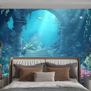 Underwater Ruins Wall Mural – 3D Ocean Bedroom Wallpaper – Deep Sea Fantasy Decor – Aquatic Archway Backdrop Vn094