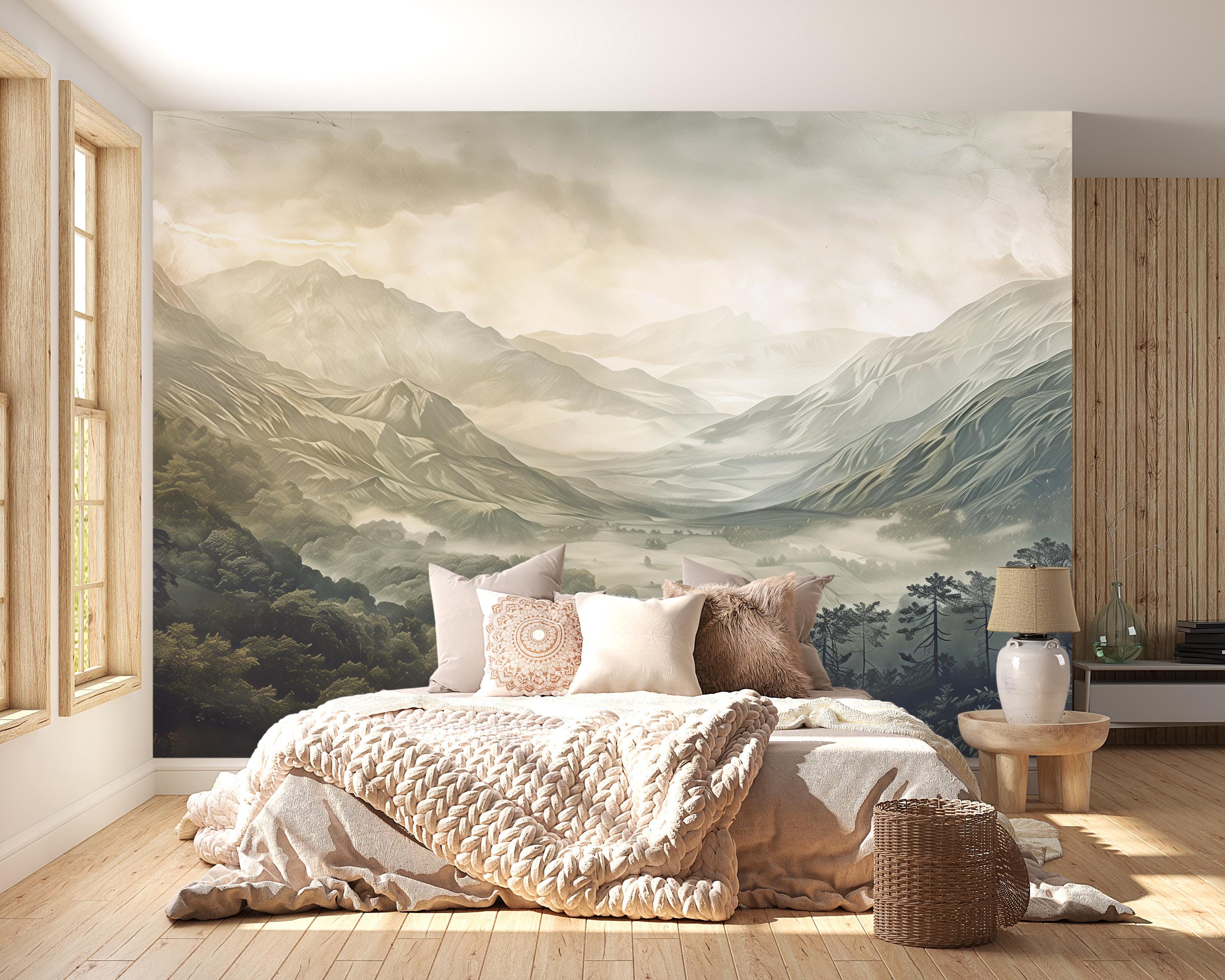 Misty Mountain Wall Mural – Scenic Forest Valley Wallpaper for Bedroom ...