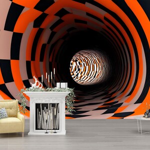 May include: An abstract, 3D-rendered image featuring a tunnel with orange, black, and white geometric patterns. A fireplace, armchair, and side table are in the foreground, creating a surreal interior scene.