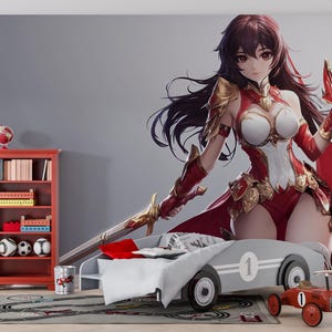 Carta da parati murale Anime Warrior Girl - Arte fantasy con armatura rossa per cameretta, arredamento per camera da letto per adolescenti, poster da parete per gamer Vn361