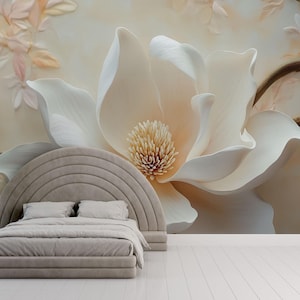 Large Magnolia Flower Mural – 3D Effect Botanical Wall Art for Bedroom or Living Room Vn766