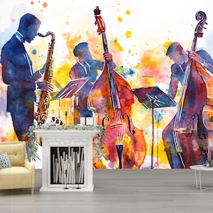 Jazz Band Wall Mural | Watercolor Music Art | Saxophone & Bass Silhouette Vn523