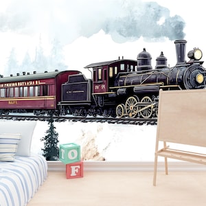 Vintage Steam Train Wall Mural for Kids Room - Railroad Themed Boys Bedroom Decor - Peel and Stick Train Wallpaper Nursery Art Vn017
