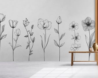 Minimalist Flower Wall Decal – Black Line Art Floral Mural for Living Room, Tall Botanical Wall Sticker 075mv