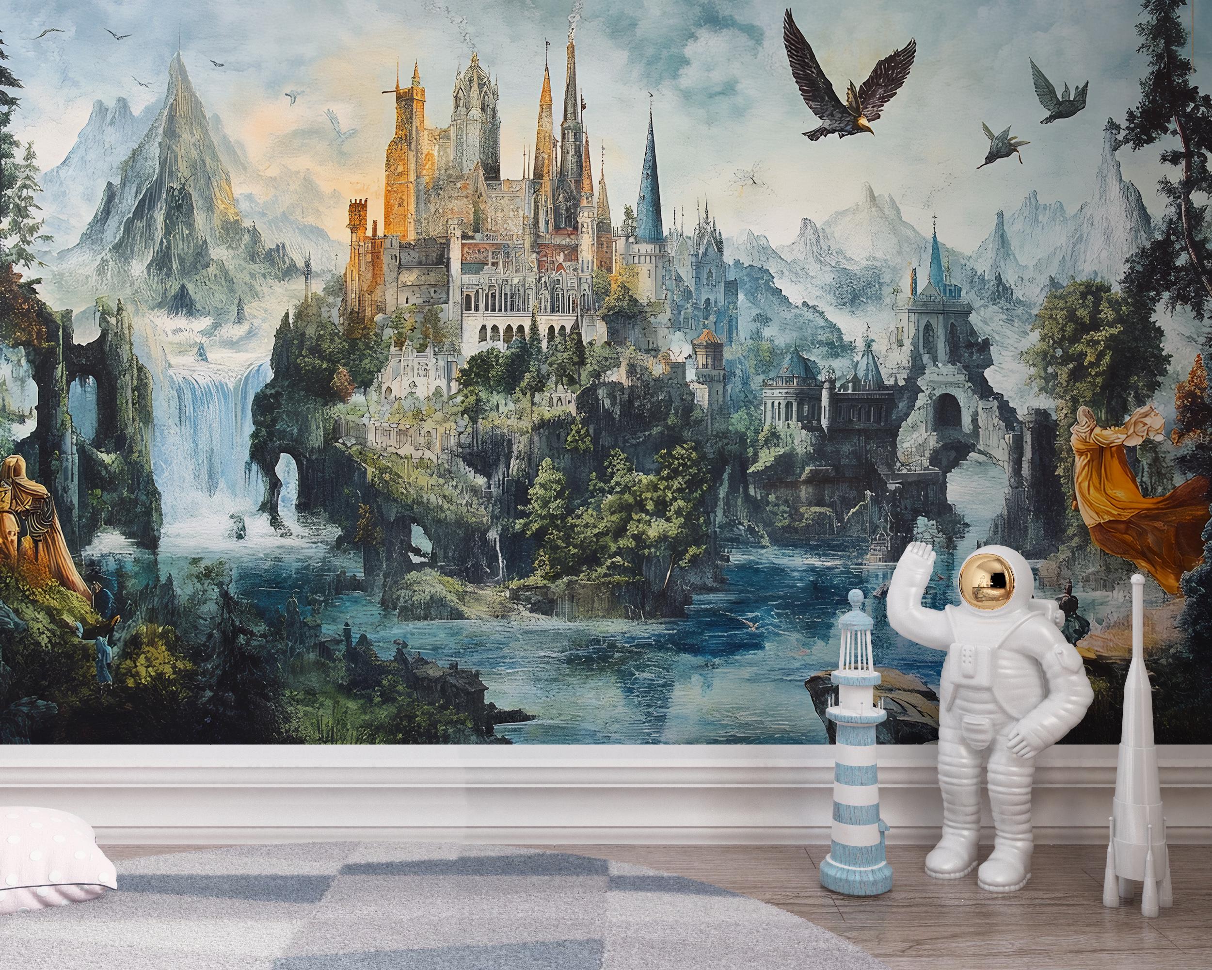 Fantasy Castle Wall Mural for Kids Room – Magical Fairytale Kingdom ...