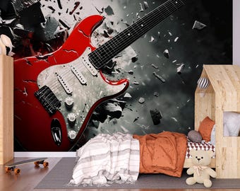 Rode elektrische gitaarmuurschildering voor kinderkamer – Gedurfd rockmuziekbehang – Tienerslaapkamerdecoratie – Cadeau muziekliefhebber Vn521
