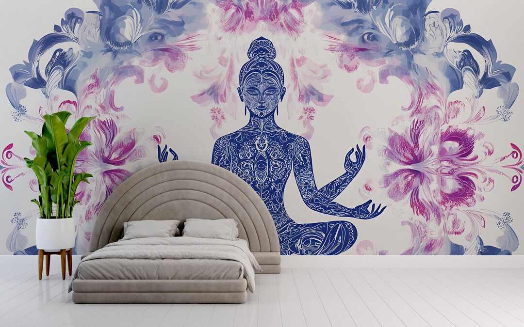 Boho Yoga Wall Mural | Meditating Woman Art | Zen Floral Tapestry for ...