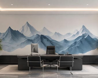 Blue Mountain Wall Mural, Modern Office Wallpaper, Executive Workspace Decor, Corporate Nature Landscape Wall Art, 676mv